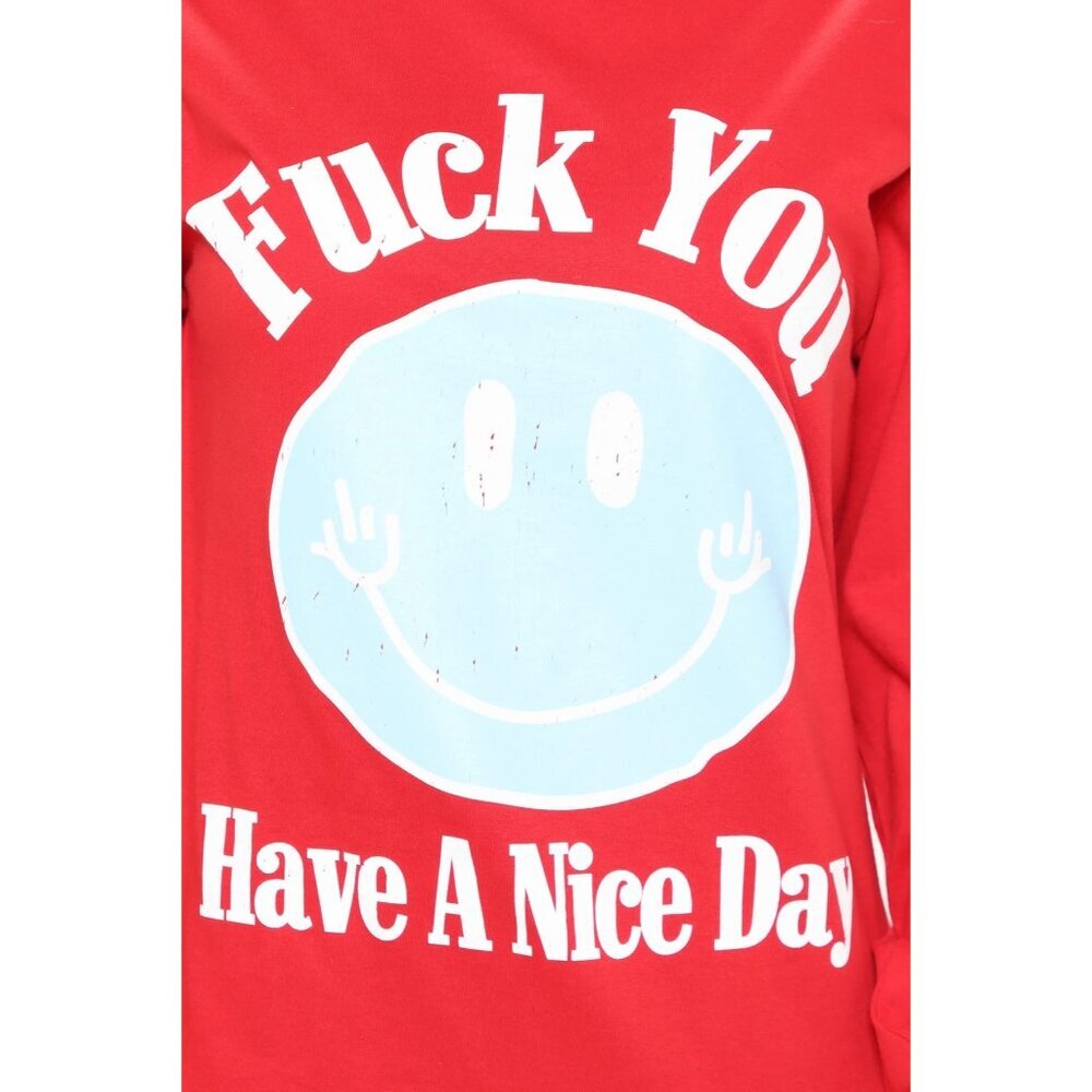 Fashion Nova F You Have A Nice Day Smiley Face Graphic Red Long Sleeve Top Sz S - Picture 3 of 7